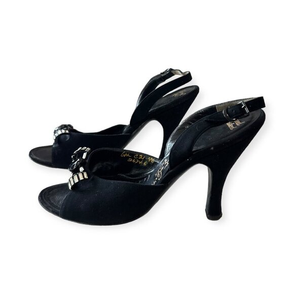 Vintage Herbert Levine Black Suede Rhinestone Bow Slingback Heels 1940-50s Sz 6M - Picture 3 of 16